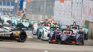 HONG KONG, HONG KONG - MARCH 10: Robin Frijns (NLD), Envision Virgin Racing, Audi e-tron FE05 leads Tom Dillmann (FRA), NIO Formula E Team, NIO Sport 004 and Mitch Evans (NZL), Panasonic Jaguar Racing, Jaguar I-Type 3 on March 10, 2019 in Hong Kong, Hong Kong. (Photo by FIA ABB Formula E/Handout/Getty Images)