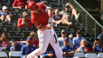 TEMPE, ARIZONA - FEBRUARY 28: Mike Trout #27 of the Los Angeles Angels lines out in the spring training game against the Texas Rangers at Tempe Diablo Stadium on February 28, 2019 in Tempe, Arizona. (Photo by Jennifer Stewart/Getty Images)