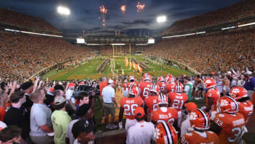 Oct 2, 2021; Clemson, South Carolina, USA; Overall view of Clemson Tigers players and coaches as they run down the hill prior to the game against the Boston College Eagles at Memorial Stadium. Mandatory Credit: Adam Hagy-USA TODAY Sports