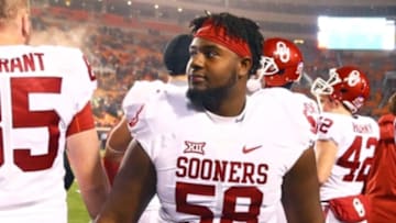 Nov 28, 2015; Stillwater, OK, USA; Oklahoma Sooners offensive lineman Erick Wren against the Oklahoma State Cowboys at Boone Pickens Stadium. The Sooners defeated the Cowboys 58-23. Mandatory Credit: Mark J. Rebilas-USA TODAY Sports