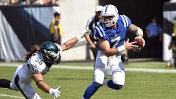 Aug 16, 2015; Philadelphia, PA, USA; Indianapolis Colts quarterback Bryan Bennett (7) avoids a sack from Philadelphia Eagles linebacker Bryan Braman (56) during the second half of a preseason NFL football game at Lincoln Financial Field. The Eagles won 36-10. Mandatory Credit: Derik Hamilton-USA TODAY Sports