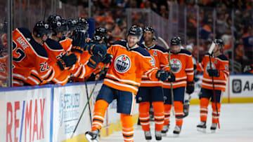 Edmonton Oilers Celebrate Goal (Photo by Codie McLachlan/Getty Images)