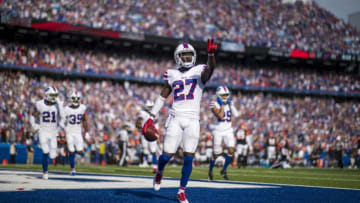 Tre'Davious White #27 of the Buffalo Bills celebrates after making the game clinching interception in the final seconds of the fourth quarter against the Cincinnati Bengals. (Photo by Brett Carlsen/Getty Images)