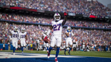Tre'Davious White #27 of the Buffalo Bills celebrates after making the game clinching interception in the final seconds of the fourth quarter against the Cincinnati Bengals. (Photo by Brett Carlsen/Getty Images)