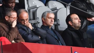 Lille's general manager Marc Ingla (front L) and Lille's Portuguese sports director Luis Campos (front 2L) sit next to former Manchester United manager Jose Mourinho (front 2R) as they watch the French L1 football match Lille (LOSC) vs Montpellier (MHSC) on Februrary 17, 2019 at the Pierre Mauroy Stadium in Villeneuve-d'Ascq, northern France. (Photo by PHILIPPE HUGUEN / AFP) (Photo credit should read PHILIPPE HUGUEN/AFP via Getty Images)