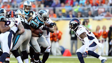 Feb 7, 2016; Santa Clara, CA, USA; Carolina Panthers running back Jonathan Stewart (28) runs the ball against Denver Broncos inside linebacker Brandon Marshall (54) during the second quarter in Super Bowl 50 at Levi