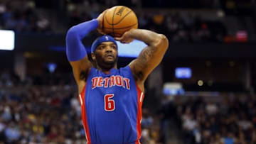 Oct 29, 2014; Denver, CO, USA; Detroit Pistons forward Josh Smith (6) shoots the ball during the second half against the Denver Nuggets at Pepsi Center. The Nuggets won 89-79. Mandatory Credit: Chris Humphreys-USA TODAY Sports