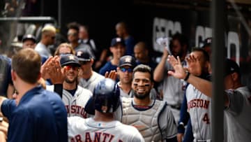 CHICAGO, IL - AUGUST 14: The Houston Astros celebrate in the dugout during the game against the Chicago White Sox at Guaranteed Rate Field on Wednesday, August 14, 2019 in Chicago, Chicago. (Photo by Quinn Harris/MLB Photos via Getty Images)