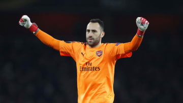 LONDON, ENGLAND - MARCH 15: David Ospina of Arsenal celebrates the equalising goal during the UEFA Europa League Round of 16 Second Leg match between Arsenal and AC Milan at Emirates Stadium on March 15, 2018 in London, England. (Photo by Julian Finney/Getty Images)