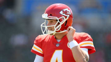 CARSON, CA - SEPTEMBER 09: Chad Henne #4 of the Kansas City Chiefs during warm up before the game against the Los Angeles Chargers at StubHub Center on September 9, 2018 in Carson, California. (Photo by Harry How/Getty Images)
