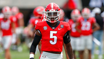 Kelee Ringo warms up prior to the G-Day spring game. (Photo by Todd Kirkland/Getty Images)