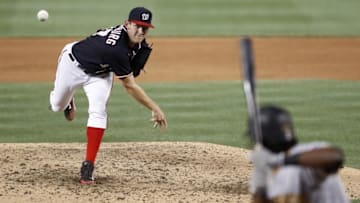 Jul 15, 2016; Washington, DC, USA; Washington Nationals starting pitcher Stephen Strasburg (37) pitches against Pittsburgh Pirates first baseman Josh Bell (55) in the eighth inning at Nationals Park. The Nationals won 5-1. Mandatory Credit: Geoff Burke-USA TODAY Sports