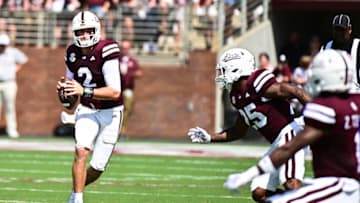 Sep 16, 2023; Starkville, Mississippi, USA; Mississippi State Bulldogs quarterback Will Rogers (2) moves in the pocket against the LSU Tigers during the first quarter at Davis Wade Stadium at Scott Field. Mandatory Credit: Matt Bush-USA TODAY Sports