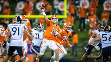 Oct 3, 2020; Clemson, South Carolina, USA; Clemson quarterback Trevor Lawrence (16) makes a pass during their game against Virginia at Memorial Stadium. Mandatory Credit: Ken Ruinard-USA TODAY Sports