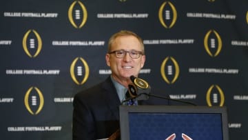 Dec 6, 2015; Grapevine, TX, USA; College football playoff selection committee chairman Jeff Long speaks to the media during selection day at the Gaylord Texan Hotel. Mandatory Credit: Kevin Jairaj-USA TODAY Sports