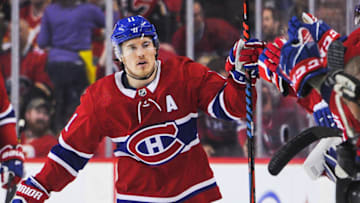 CALGARY, AB - DECEMBER 19: Brendan Gallagher #11 of the Montreal Canadiens celebrates with his teammates after scoring against the Calgary Flames during an NHL game at Scotiabank Saddledome on December 19, 2019 in Calgary, Alberta, Canada. (Photo by Derek Leung/Getty Images)
