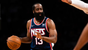 James Harden #13 of the Brooklyn Nets in action during the first half against the Philadelphia 76ers at Barclays Center on December 30, 2021 in New York City. NOTE TO USER: User expressly acknowledges and agrees that, by downloading and or using this photograph, User is consenting to the terms and conditions of the Getty Images License Agreement. (Photo by Dustin Satloff/Getty Images)