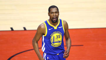 TORONTO, ONTARIO - JUNE 10: Kevin Durant #35 of the Golden State Warriors reacts against the Toronto Raptors in the first half during Game Five of the 2019 NBA Finals at Scotiabank Arena on June 10, 2019 in Toronto, Canada. NOTE TO USER: User expressly acknowledges and agrees that, by downloading and or using this photograph, User is consenting to the terms and conditions of the Getty Images License Agreement. (Photo by Vaughn Ridley/Getty Images)