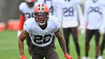 Aug 17, 2020; Berea, Ohio, USA; Cleveland Browns safety Grant Delpit (22) runs a drill during training camp at the Cleveland Browns training facility. Mandatory Credit: Ken Blaze-USA TODAY Sports