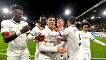 Chelsea's Christian Pulisic (centre) celebrates scoring his side's third goal of the game during the Premier League match at Turf Moor, Burnley. (Photo by Anthony Devlin/PA Images via Getty Images)