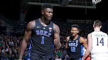 SOUTH BEND, IN - JANUARY 28: Zion Williamson #1 of the Duke Blue Devils reacts after scoring a basket and drawing a foul against the Notre Dame Fighting Irish in the second half of the game at Purcell Pavilion on January 28, 2019 in South Bend, Indiana. Duke won 83-61. (Photo by Joe Robbins/Getty Images)
