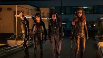 Arrow -- "Green Arrow & The Canaries" -- Image Number: AR809a_0263r.jpg -- Pictured (L-R): Katie Cassidy as Laurel Lance/Black Siren, Katherine McNamara as Mia, Raigan Harris as Bianca Bertinelli and Juliana Harkavy as Dinah Drake/Black Canary -- Photo: Katie Yu/The CW -- © 2020 The CW Network, LLC. All Rights Reserved.