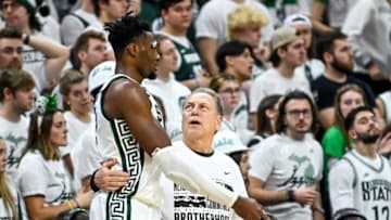 Michigan State's head coach Tom Izzo, right, talks with Mady Sissoko during the second half in the game against Purdue on Monday, Jan. 16, 2023, at the Breslin Center in East Lansing.230116 Msu Purdue Bball 153a
