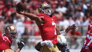 August 24, 2014; Santa Clara, CA, USA; San Francisco 49ers quarterback Colin Kaepernick (7) passes the football against the San Diego Chargers during the first quarter at Levi