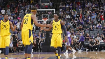 SACRAMENTO, CA - MARCH 29: Victor Oladipo #4 and Myles Turner #33 of the Indiana Pacers high five during the game against the Sacramento Kings on March 29, 2018 at Golden 1 Center in Sacramento, California. NOTE TO USER: User expressly acknowledges and agrees that, by downloading and or using this photograph, User is consenting to the terms and conditions of the Getty Images Agreement. Mandatory Copyright Notice: Copyright 2018 NBAE (Photo by Rocky Widner/NBAE via Getty Images)