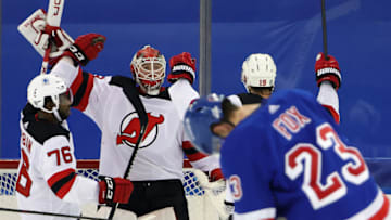 NEW YORK, NEW YORK - JANUARY 19: P.K. Subban #76 and Mackenzie Blackwood #29 of the New Jersey Devils celebrate their 4-3 victory over the New York Rangers at Madison Square Garden on January 19, 2021 in New York City. (Photo by Bruce Bennett/Getty Images)