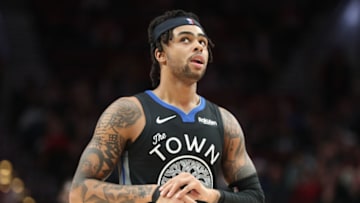 PORTLAND, OREGON - DECEMBER 18: D'Angelo Russell #0 of the Golden State Warriors reacts in the first quarter against the Portland Trail Blazers during their game at Moda Center on December 18, 2019 in Portland, Oregon. NOTE TO USER: User expressly acknowledges and agrees that, by downloading and or using this photograph, User is consenting to the terms and conditions of the Getty Images License Agreement (Photo by Abbie Parr/Getty Images)