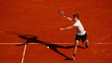 MONTE-CARLO, MONACO - APRIL 21: Alexander Zverev of Germany in action against Kei Nishikori of Japan during day seven of the ATP Masters Series Monte Carlo Rolex Masters at Monte-Carlo Sporting Club on April 21, 2018 in Monte-Carlo, Monaco. (Photo by Julian Finney/Getty Images)
