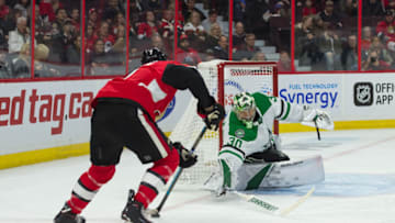 OTTAWA, ON - OCTOBER 15: Dallas Stars Goalie Ben Bishop (30) prepares to make a save against Ottawa Senators Left Wing Brady Tkachuk (7) during the second period of the NHL game between the Ottawa Senators and the Dallas Stars on Oct. 15, 2018 at the Canadian Tire Centre in Ottawa, Ontario, Canada. (Photo by Steven Kingsman/Icon Sportswire via Getty Images)