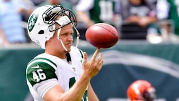 EAST RUTHERFORD, NJ - SEPTEMBER 11: Tanner Purdum #46 of the New York Jets warms up prior to the game against the Cincinnati Bengals at MetLife Stadium on September 11, 2016 in East Rutherford, New Jersey. (Photo by Steven Ryan/Getty Images)