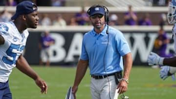 GREENVILLE, NC - SEPTEMBER 08: North Carolina Tar Heels head coach Larry Fedora paces the sidelines during a game between the East Carolina Pirates and the North Carolina Tar Heels at Dowdy-Ficklen Stadium in Greenville, NC on September 8, 2018. ECU defeated UNC 41-19. (Photo by Greg Thompson/Icon Sportswire via Getty Images)