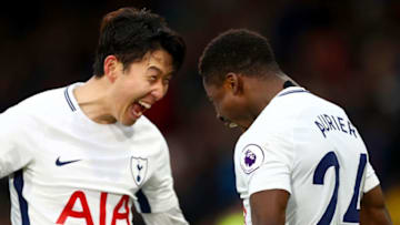 BOURNEMOUTH, ENGLAND - MARCH 11: Serge Aurier of Tottenham Hotspur celebrates after scoring his sides fourth goal witth Heung-Min Son of Tottenham Hotspur during the Premier League match between AFC Bournemouth and Tottenham Hotspur at Vitality Stadium on March 11, 2018 in Bournemouth, England. (Photo by Clive Rose/Getty Images)