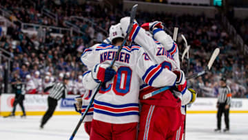 SAN JOSE, CA - DECEMBER 12: Rangers players celebrate their victory during the NHL hockey game between the New York Rangers and San Jose Sharks on December, 12, 2019 at the SAP Center in San Jose, CA. (Photo by Bob Kupbens/Icon Sportswire via Getty Images)