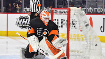May 1, 2021; Philadelphia, Pennsylvania, USA; Philadelphia Flyers goaltender Brian Elliott (37) allows goal by New Jersey Devils center Janne Kuokkanen (not pictured) during the second period at Wells Fargo Center. Mandatory Credit: Eric Hartline-USA TODAY Sports