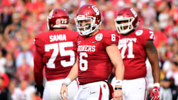 PASADENA, CA - JANUARY 01: Quarterback Baker Mayfield #6 of the Oklahoma Sooners looks on in the first half against the Georgia Bulldogs in the 2018 College Football Playoff Semifinal at the Rose Bowl Game presented by Northwestern Mutual at the Rose Bowl on January 1, 2018 in Pasadena, California. (Photo by Harry How/Getty Images)