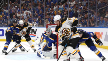 ST LOUIS, MISSOURI - JUNE 01: David Pastrnak #88 of the Boston Bruins controls the puck around the goal during the second period of Game Three of the 2019 NHL Stanley Cup Final against the St. Louis Blues at Enterprise Center on June 01, 2019 in St Louis, Missouri. (Photo by Dave Sandford/NHLI via Getty Images)