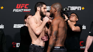 LAS VEGAS, NEVADA - FEBRUARY 25: (L-R) Opponents Islam Makhachev of Russia and Bobby Green fo during the UFC Fight Night weigh-in at UFC APEX on February 25, 2022 in Las Vegas, Nevada. (Photo by Chris Unger/Zuffa LLC)