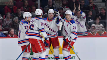 MONTREAL, QC - NOVEMBER 23: Filip Chytil #72 of the New York Rangers celebrates with teammates after scoring a goal against the Montreal Canadiens in the NHL game at the Bell Centre on November 23, 2019 in Montreal, Quebec, Canada. (Photo by Francois Lacasse/NHLI via Getty Images)