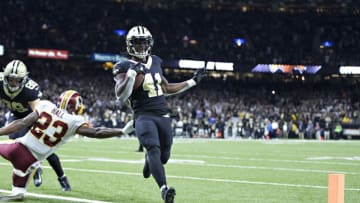 Fantasy Football: NEW ORLEANS, LA - NOVEMBER 19: Alvin Kamara #41 of the New Orleans Saints jumps runs the ball in for a touchdown during a game against the Washington Redskins at Mercedes-Benz Superdome on November 19, 2017 in New Orleans, Louisiana. The Saints defeated the Redskins 34-31. (Photo by Wesley Hitt/Getty Images)