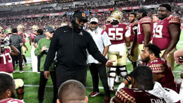 Dec 29, 2022; Orlando, Florida, USA; Florida State Seminoles offensive coordinator Alex Atkins in the second half against the Oklahoma Sooners in the 2022 Cheez-It Bowl at Camping World Stadium. Mandatory Credit: Jonathan Dyer-USA TODAY Sports