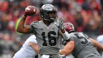 COLUMBUS, OH - OCTOBER 28: J.T. Barrett #16 of the Ohio State Buckeyes passes in the first quarter against the Penn State Nittany Lions at Ohio Stadium on October 28, 2017 in Columbus, Ohio. (Photo by Jamie Sabau/Getty Images)