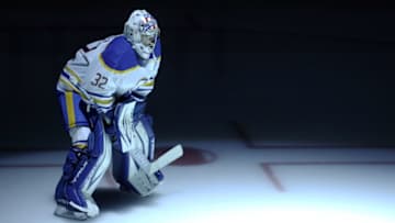 May 6, 2021; Pittsburgh, Pennsylvania, USA; Buffalo Sabres goaltender Michael Houser (32) takes the ice to play the Pittsburgh Penguins during the first period at PPG Paints Arena. Mandatory Credit: Charles LeClaire-USA TODAY Sports
