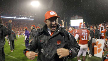 CLEMSON, SC - OCTOBER 3: Head Coach Dabo Swinney of the Cemson Tigers celebrates after defeating the Notre Dame Fighting Irish 24-22 at Clemson Memorial Stadium on October 3, 2015 in Clemson, South Carolina. (Photo by Tyler Smith/Getty Images)