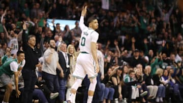BOSTON, MA - MAY 13: Jayson Tatum #0 of the Boston Celtics celebrates the basket against the Cleveland Cavaliers during the fourth quarter in Game One of the Eastern Conference Finals of the 2018 NBA Playoffs at TD Garden on May 13, 2018 in Boston, Massachusetts. The Boston Celtics defeated the Cleveland Cavaliers 108-83. (Photo by Maddie Meyer/Getty Images)