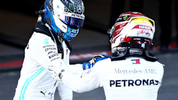 BAKU, AZERBAIJAN - APRIL 28: Race winner Valtteri Bottas of Finland and Mercedes GP is congratulated by second placed Lewis Hamilton of Great Britain and Mercedes GP in parc ferme during the F1 Grand Prix of Azerbaijan at Baku City Circuit on April 28, 2019 in Baku, Azerbaijan. (Photo by Mark Thompson/Getty Images)