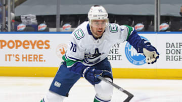 TORONTO, ON - FEBRUARY 4: Tanner Pearson #70 of the Vancouver Canucks skates against the Toronto Maple Leafs during an NHL game at Scotiabank Arena on February 4, 2021 in Toronto, Ontario, Canada. The Maple Leafs defeated the Canucks 7-3.(Photo by Claus Andersen/Getty Images)